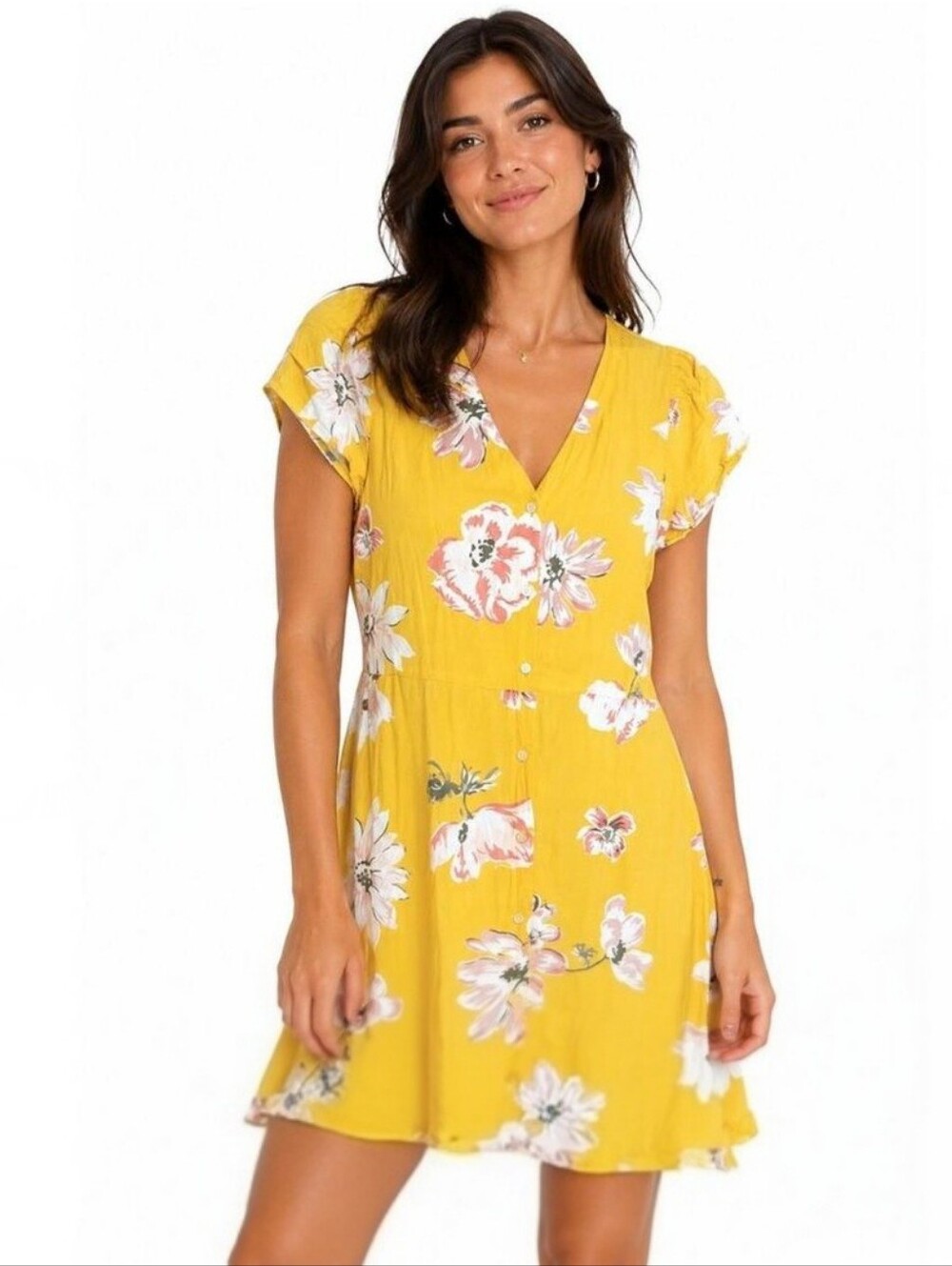 LOFT Outlet Mustard Yellow Floral V Neck Button Front Midi Dress Size 12
